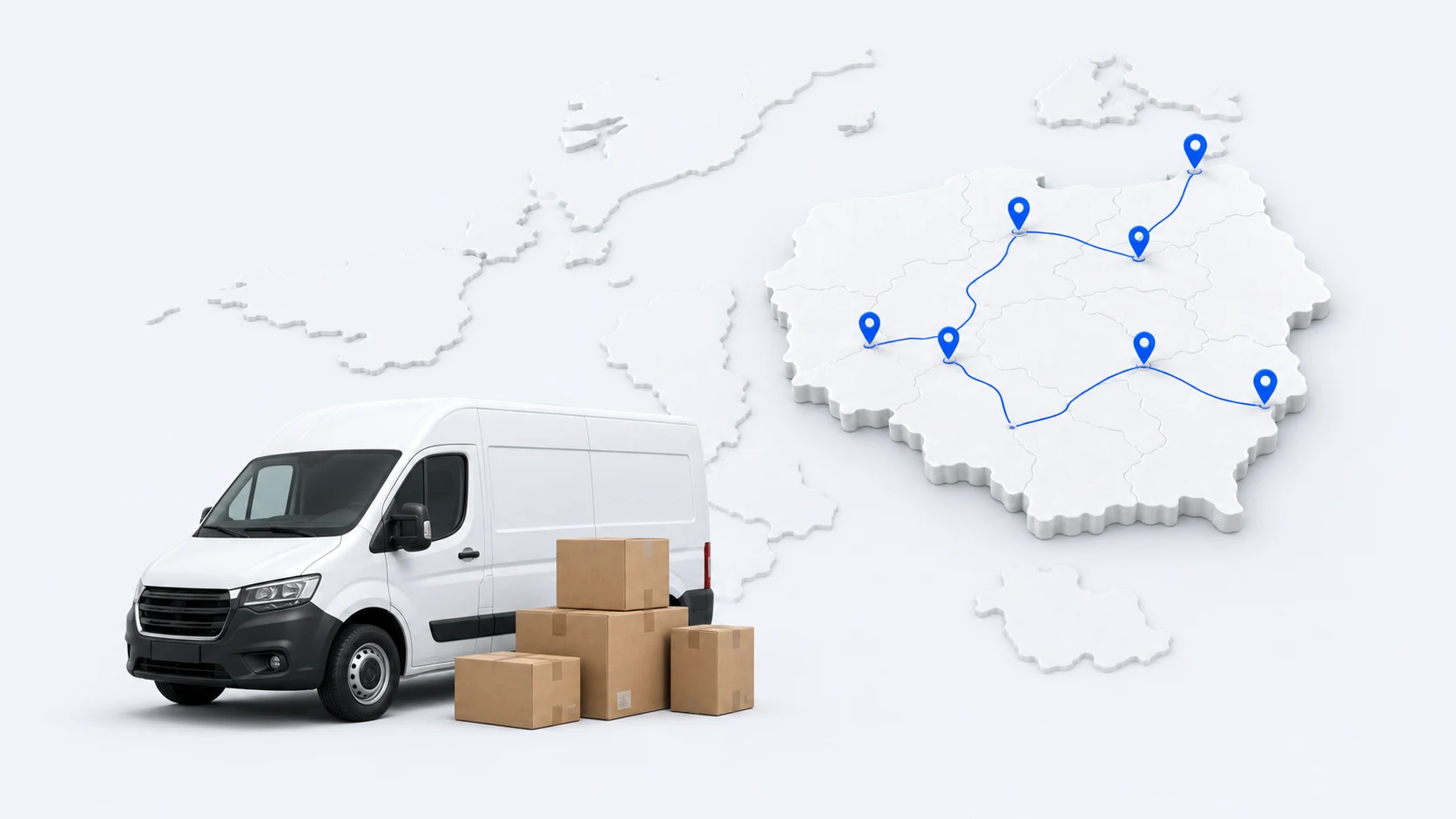 Mapa z punktami transportu w Polsce i Europie oraz samochód dostawczy